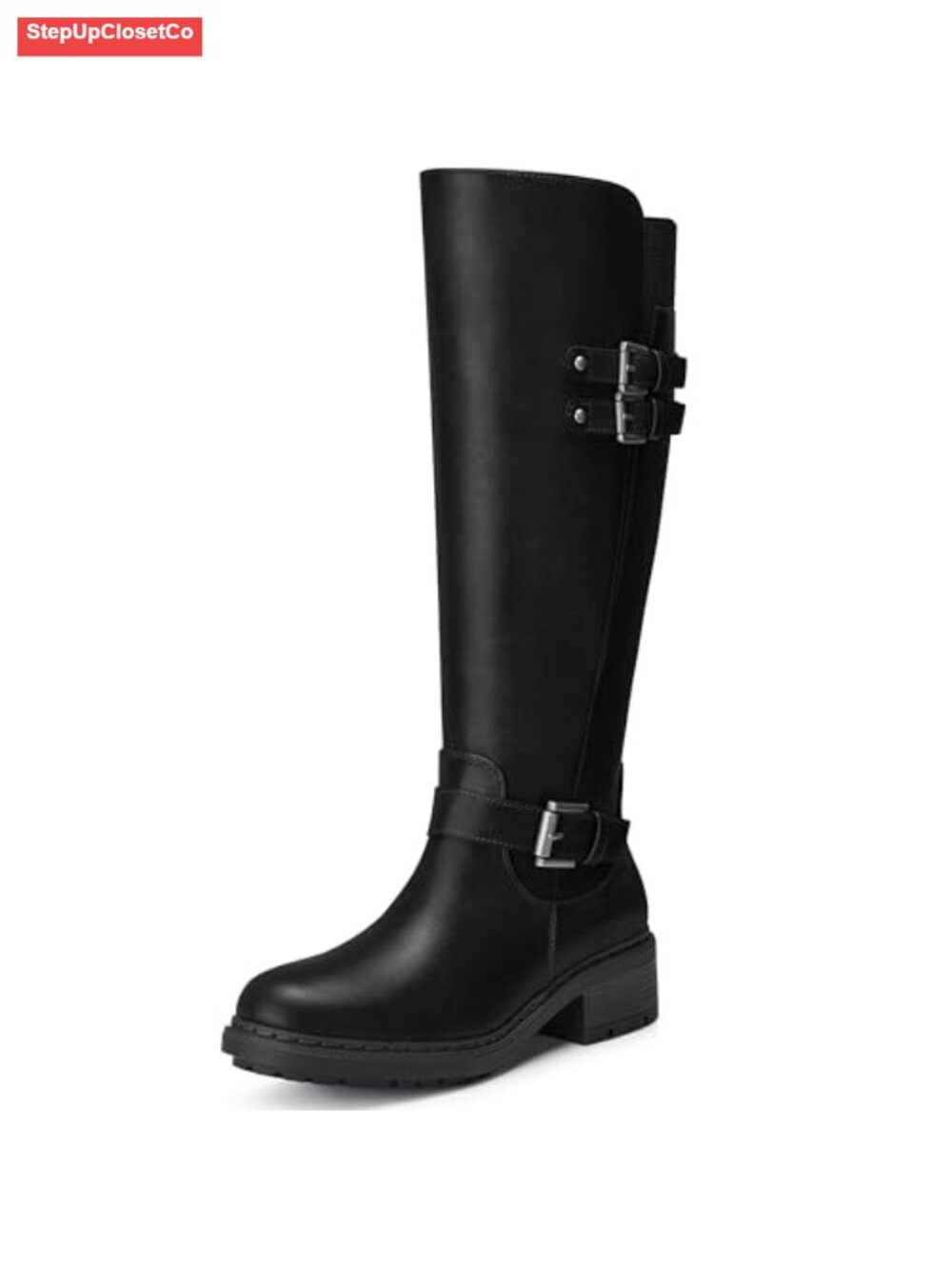 Women's Knee-High Motorcycle Riding Boots Round Toe Low Heel Zipper Faux